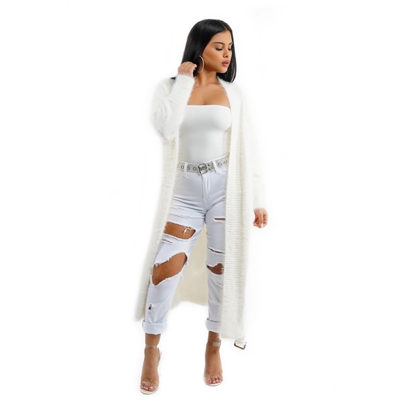 Off White Long Fuzzy Knit Cardigan - Picture 3 of 5